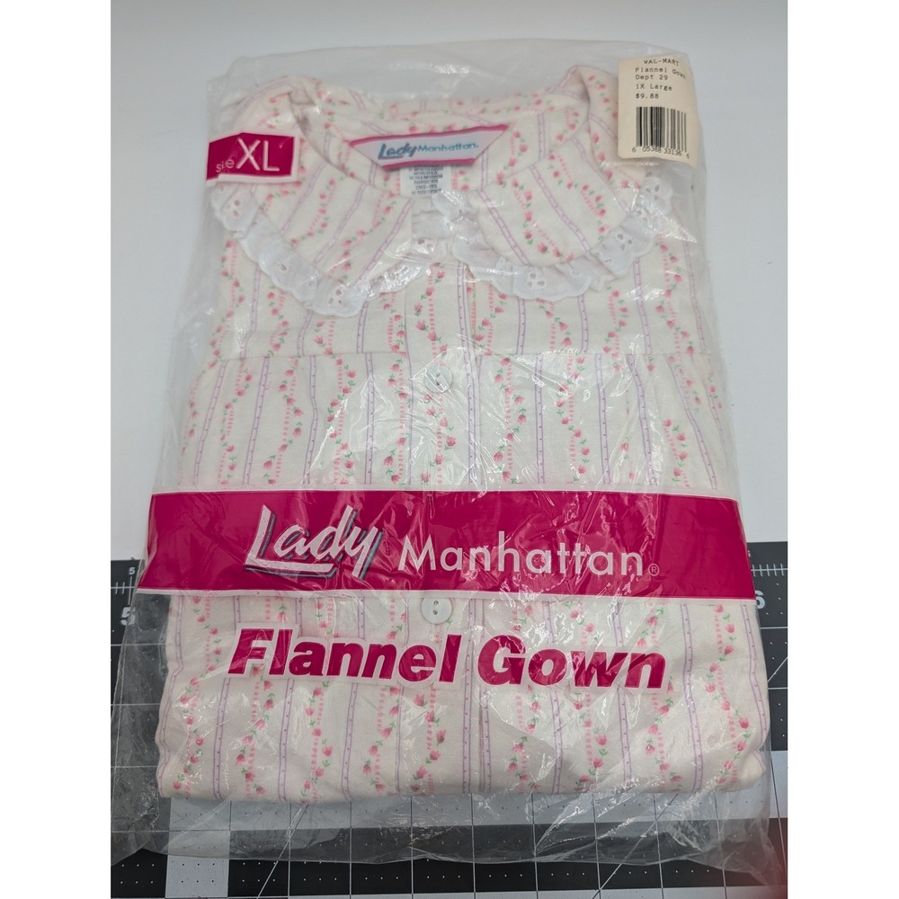 Lady Manhattan Flannel‎ Gown Nightgown XL Floral Print Button Up Grandmacore